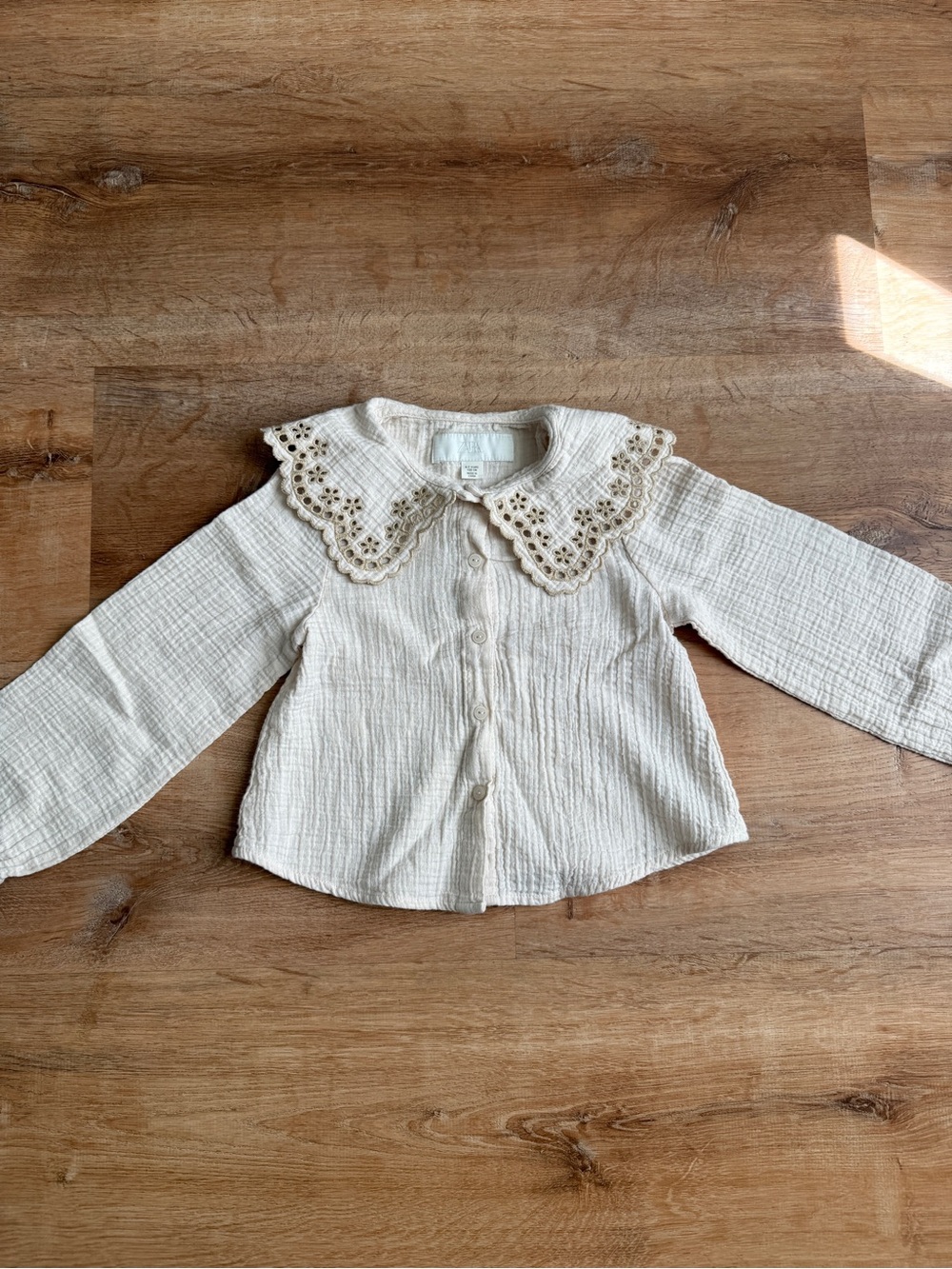 Zara Girls' Cream Long-Sleeve Blouse with Eyelet Collar